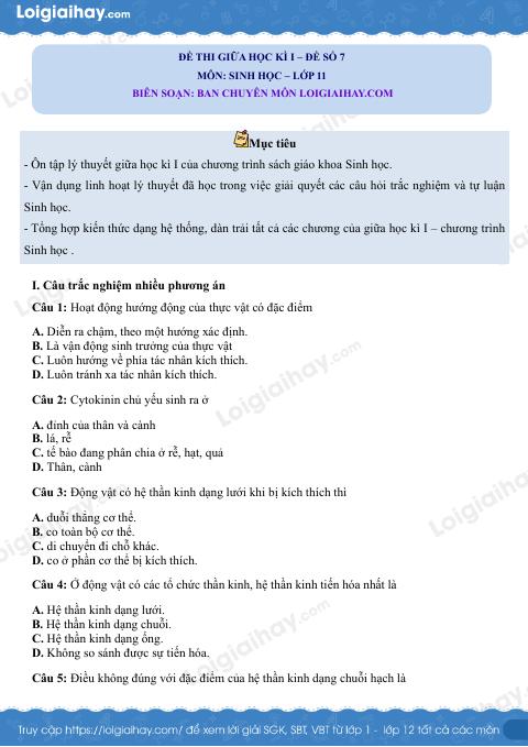 Đề thi giữa kì 1 Sinh 11 Kết nối tri thức - Đề số 7